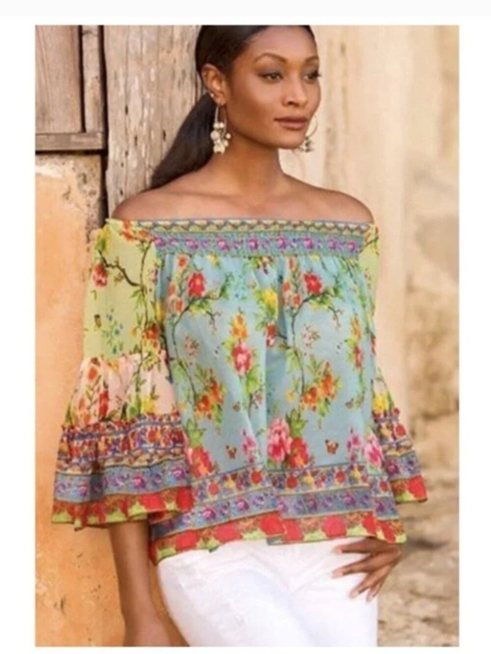 RubyYaYa Boho Rayon Botanical Floral Off Shoulder Blouse Size Large